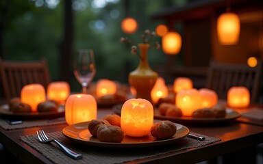 Obon dinner with glowing lanterns by peaceful garden. High quality