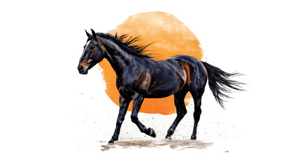 Black horse running, sunset background, elegant silhouette, New Year 2026 symbol illustration