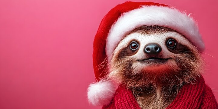 Cute sloth wearing a festive Santa hat and cozy sweater against a vibrant pink background during the holiday season - Powered by Adobe