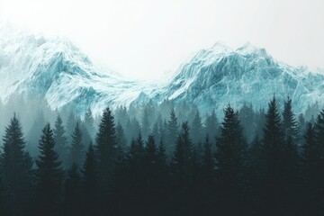 Misty mountain range, snow-capped peaks, dense forest