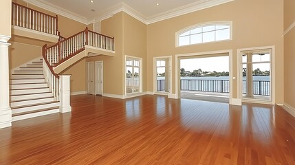 Fototapeta premium Spacious interior living area with hardwood floors and water views.