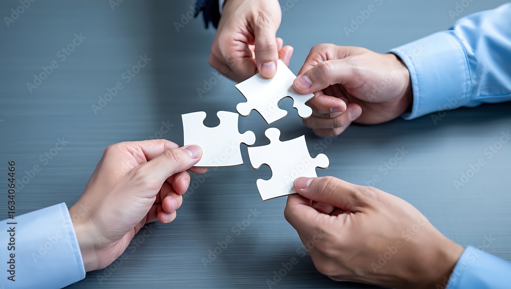 Poster diverse team of professionals collaboratively assembling a complex jigsaw puzzle symbolizing unity t