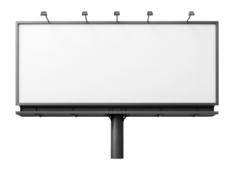Large blank billboard with five lights positioned on top, ready for outdoor advertising, on transparent background.