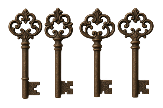 Collection of Four Ornate Antique Skeleton Keys with Intricate Scrollwork, Symbolizing Access and History