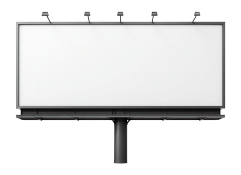 Large blank billboard with five lights positioned on top, ready for outdoor advertising, on transparent background.
