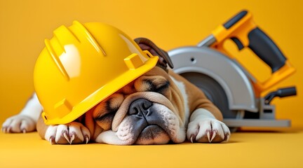 Fototapeta premium Bulldog sleeping with a yellow hard hat and a circular saw