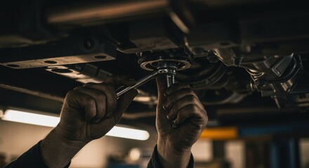Mechanic's hands tightening bolt underneath car with socket wrench in auto repair shop