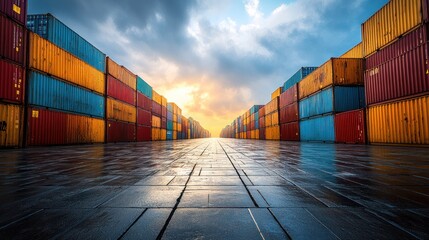 Fototapeta premium Shipping containers line a paved path at sunset