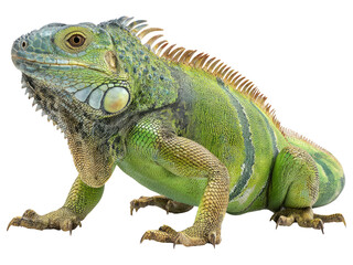 Obraz premium Bright Green Iguana Sitting on White Background Isolated Object