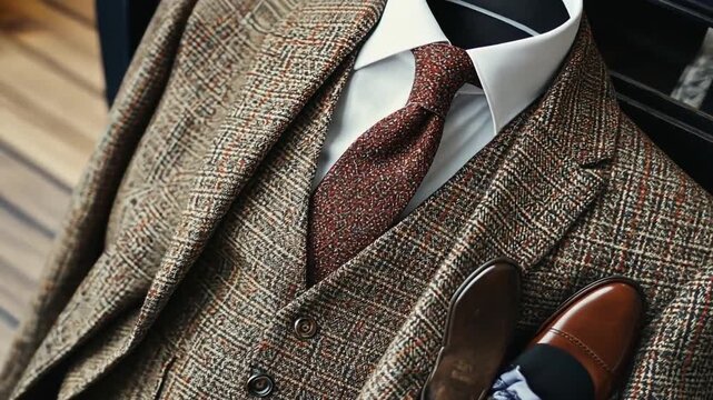 Classic Tweed Suit with Brown Leather Shoes and Burgundy Tie