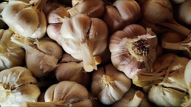 Footage of a pile of garlic in the market, someone chooses to buy. healthy food concept and food vendors
