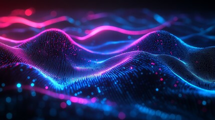 Abstract background of glowing blue and pink particles forming wavy shapes in the dark.