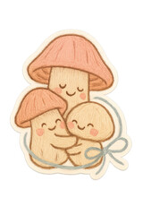 Fototapeta premium Whimsical Mushroom Embrace: A heartwarming illustration depicts a family of charming mushrooms in a loving embrace, radiating joy and comfort, perfect for conveying themes of family, love.