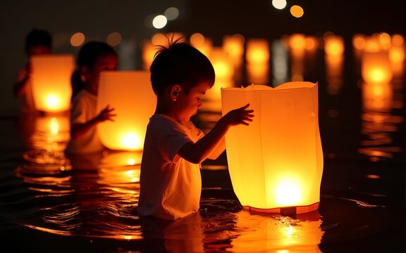 Japanese children releasing, Obon Day floating lanterns, river ritual, traditional festival. High quality