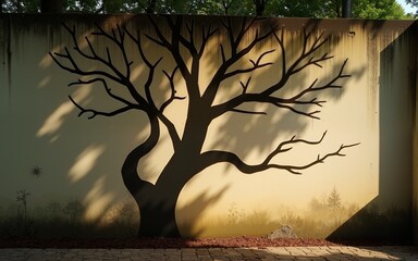 Enigmatic arboreal shadows dance on ancient wall, evoking nature's tapestry, akin to Japan's Obon or Celtic Samhain. High quality