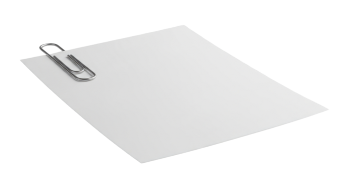 Blank white sheet of paper with silver paperclip cutout isolated on transparent bg, png