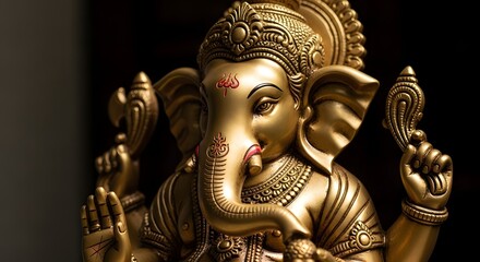 Obraz premium Ornate Golden Ganesha Idol Statue on Dark Background, Hindu Deity Symbolizing Wisdom and Prosperity
