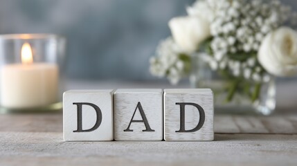 "DAD" Wooden Letter Blocks with Floral Accents & Ambient Candle Glow | Cozy Card Design Still Life on Natural Wood (Isolated Background)