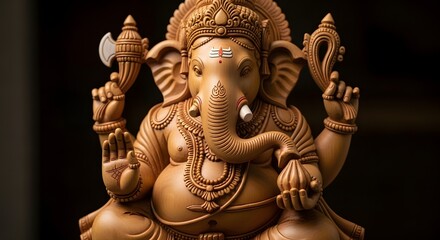 Fototapeta premium Intricate Wooden Ganesha Statue: A Symbol of Wisdom and Prosperity on a Dark Background