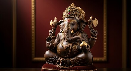 Fototapeta premium Ornate Ganesha Statue with Gold and Gemstone Details on a Luxurious Red Background