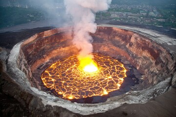 Volcanic crater erupting with glowing lava