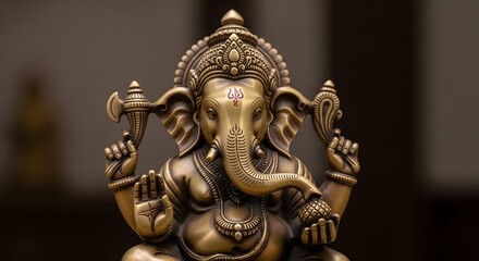 Fototapeta premium Detailed brass statue of an elephant-headed deity, a revered symbol of wisdom, prosperity, and good fortune in spiritual and cultural contexts.