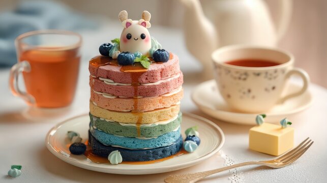 Whimsical rainbow stacked pancakes adorned with a cute animal topping and fresh blueberries