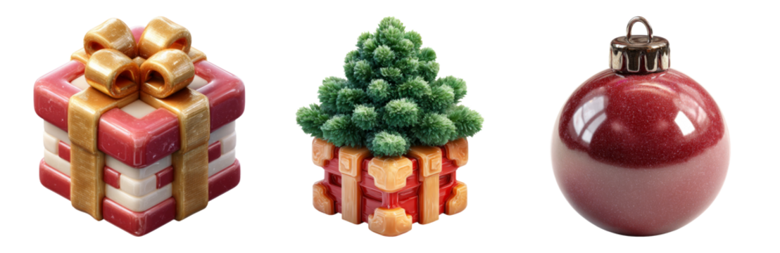 Festive Gift Box, Christmas Tree, and Ornament on Transparent Background