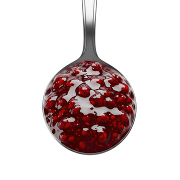 Polished silver tablespoon heaped with vibrant deep red raspberry jam, glossy and viscous with seeds, isolated on a clean transparent background, delicious food concept