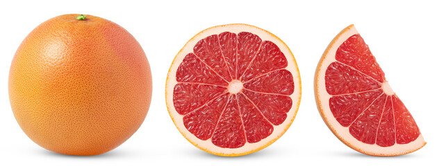 Pink grapefruit isolated. Grapefruit whole, slice, half on white. Grapefruit set isolate. With clipping path. Full depth of field.
