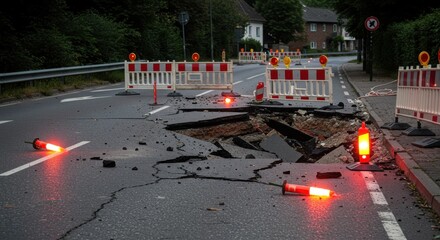 Collapsed roadway with warning lights and barriers on a suburban street