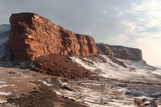 Red cliff face, snow-covered landscape