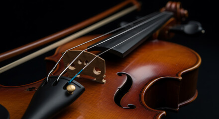 Fototapeta premium Close-Up of a Brown Violin with Detailed Strings and Fingerboard on a Black Background