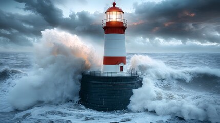 Powerful waves crash against a vibrant lighthouse under dark stormy skies during sunset at the coast