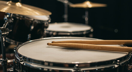 Obraz premium Close Up of Drumming Sticks Resting on Snare Drum with Brass Cymbals in Background