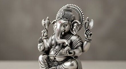 Obraz premium Detailed Silver Ganesha Idol: Traditional Hindu God Statue Symbolizing Wisdom and Prosperity