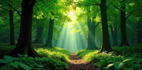 Lush green forest canopy, sunlight filtering through leaves, dappled shade on forest floor Perfect for nature, environment, and ecology themes , greenery, moss, background