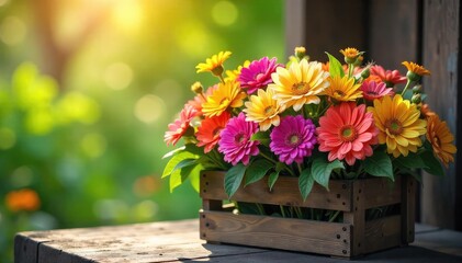 A vibrant bouquet of fresh, colorful wildflowers in a rustic wooden crate, bathed in soft sunlight Perfect for spring, summer, or floral themes , close-up, pastel