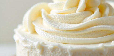 Close-up of fluffy, white vanilla buttercream frosting, swirls and peaks glistening, ready to decorate a cake Texture is smooth and creamy, light reflecting beautifully , rich, dessert