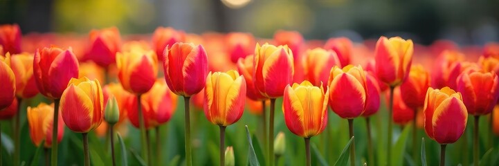 Vibrant tulips bursting forth in a profusion of color, signifying the renewal and energy of springtime A breathtaking display of nature's artistry , meadow, renewal