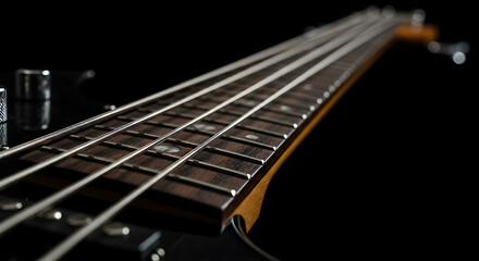 Close-Up View of an Electric Bass Guitar Fretboard with Shiny Strings under Dramatic Lighting