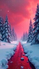 Intense blizzard of crimson snow blankets a desolate, frozen landscape The eerie red snow covers everything, creating a surreal and chilling winter scene , winter scene, eerie scene