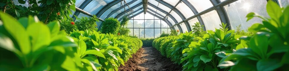 Lush green plants thrive inside a modern greenhouse, bathed in sunlight streaming through the glass panels Perfect for gardening, botany, or sustainable living themes , organic, spring