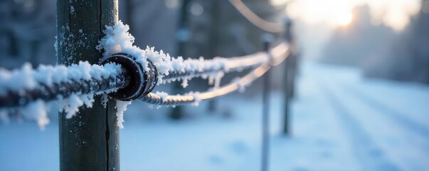 Close-up of frost forming on exposed electrical wires in a frigid winter landscape The metallic gleam contrasts sharply with the icy textures , blue, metallic wire, texture