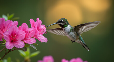 A beautiful wildlife shot of a hummingbird in flight, wings blurred in motion as it approaches a bright pink flower, symbolizing nature's energy and delicate balance.