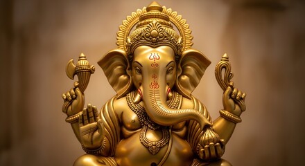 Fototapeta premium Majestic Golden Ganesha Statue, Hindu Elephant-Headed Deity Idol, Religious Symbol of Wisdom and Success