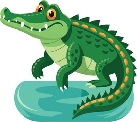 Cartoon alligator standing in water with green grass