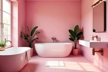 A serene pink bathroom with modern fixtures, featuring a stylish bathtub and elegant details Perfect for relaxation and spa-like ambiance , copper, serene
