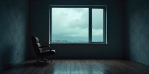 An empty, dimly lit room, a single chair sits by a window overlooking a grey, overcast sky, suggesting solitude and the finality of life's end , loneliness, solitude