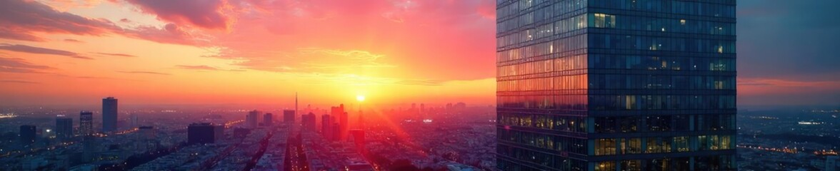 Modern glass skyscraper office building at sunset, reflecting the city lights  Stunning architecture and urban landscape  Perfect for real estate, corporate, and city themes , architecture, business